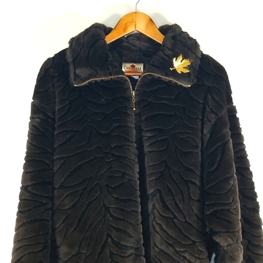 Vintage 80's Women's Coat Faux Fur Zipped Gold Tone Maple Leaf Brooch - Picture 3 of 10